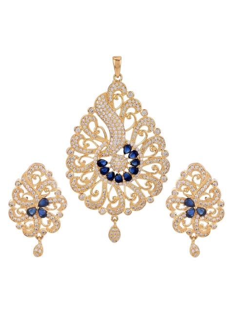 Tistabene Gold-Plated White & Blue Stone-Studded Traditional Pendant Set