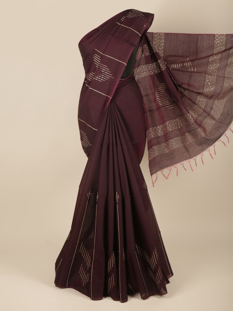 Pothys Brown & White Thread Work Embroidered Jute Silk Saree