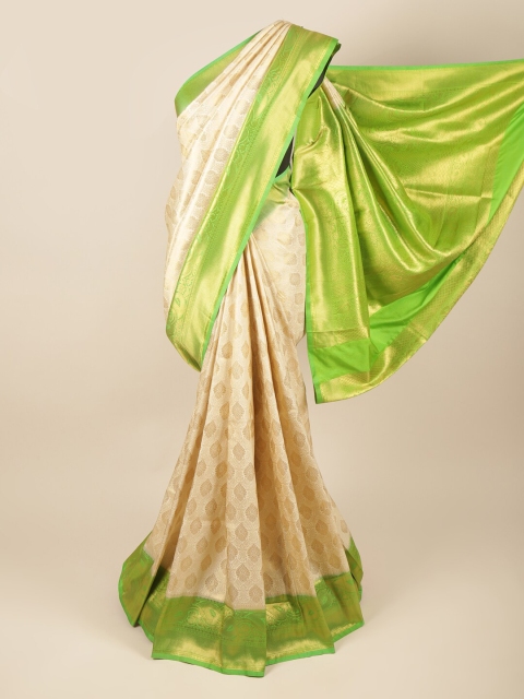 Pothys Cream-Coloured & Green Ethnic Motifs Zari Art Silk Banarasi Saree