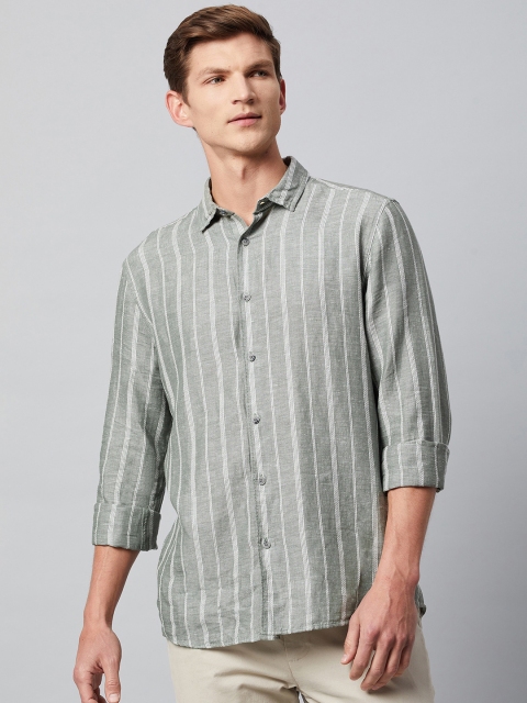 Marks & Spencer Men Green Striped Casual Shirt