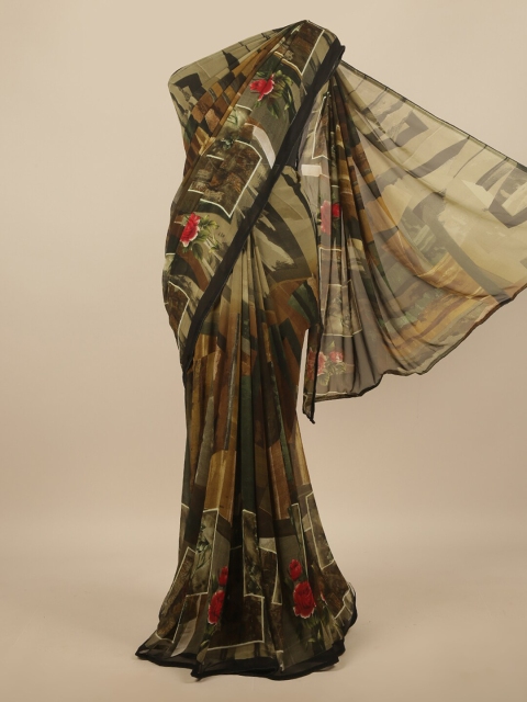 Pothys Green & Red Floral Poly Chiffon Saree