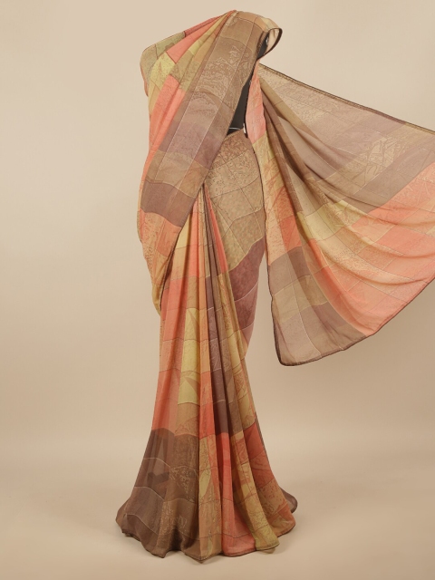 Pothys Pink & Brown Poly Chiffon Saree