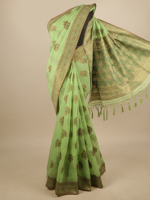 Pothys Green & Gold-Toned Floral Jute Silk Saree