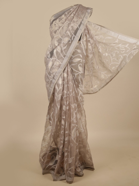 Pothys Grey Paisley Beads and Stones Jute Silk Saree