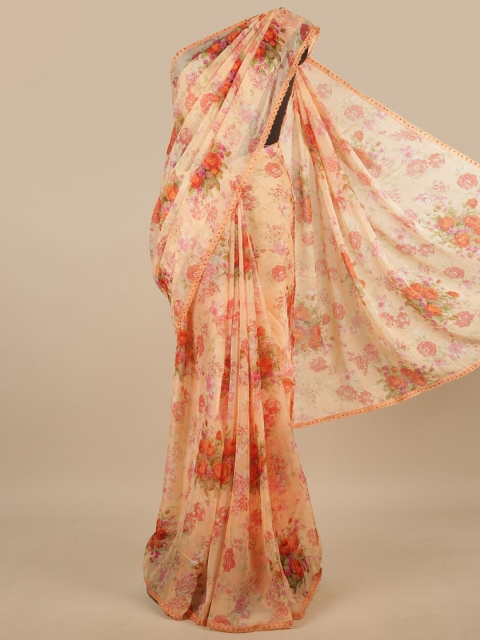 Pothys Peach-Coloured & Red Floral Chiffon Saree