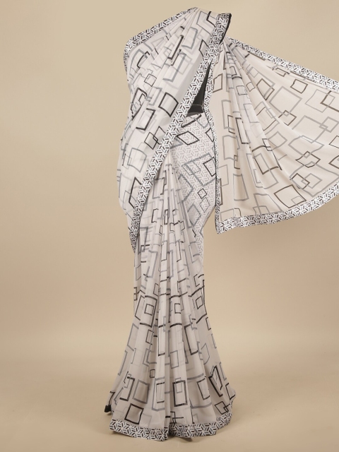 Pothys White & Black Chiffon Saree