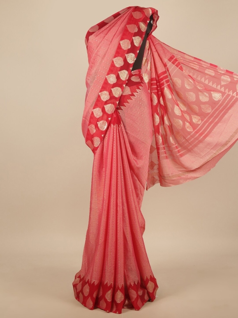 Pothys Pink & Red Sequinned Chiffon Saree