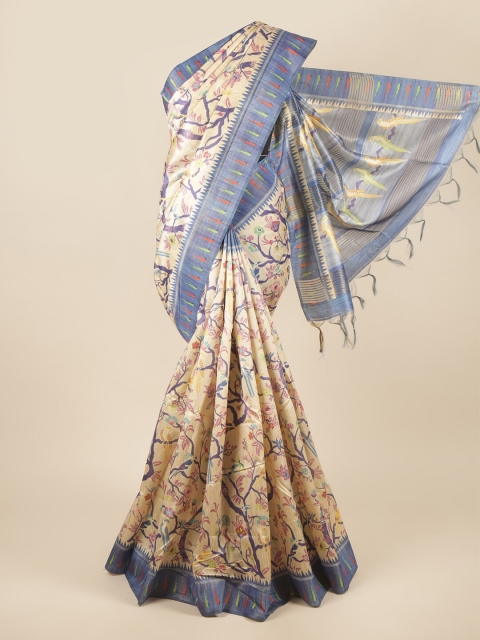 Pothys Cream-Coloured & Blue Floral Art Silk Saree