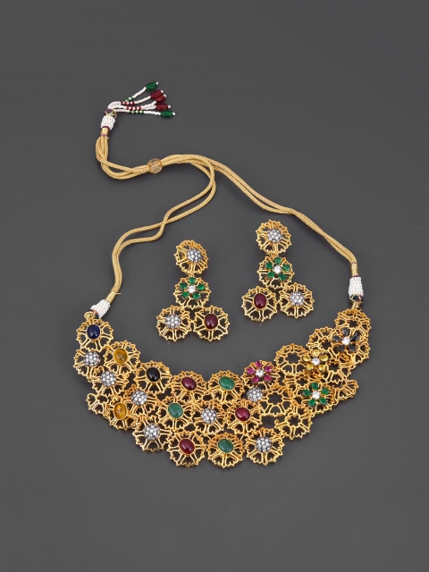 Tistabene Women Red & Green Gold-Plated Stone Studded Jewellery Set