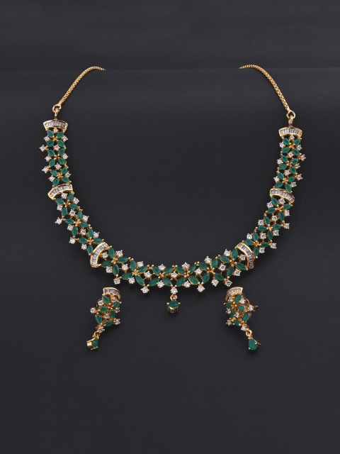 Tistabene Gold-Plated White & Green Stone-Studded Jewellery Set
