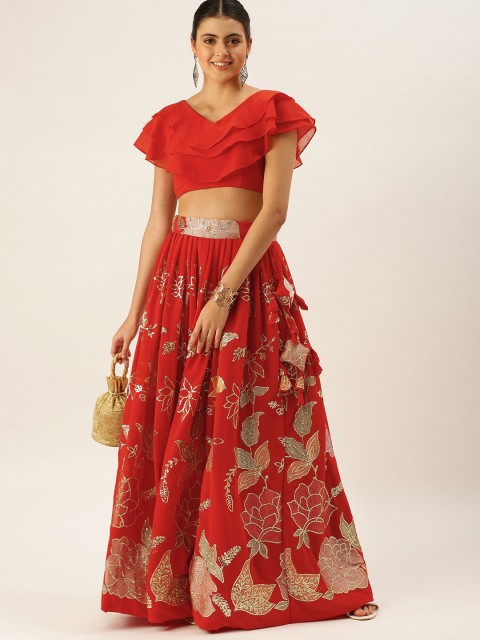 LOOKNBOOK ART Red & Green Floral Print & Sequinn Semi-Stitched Lehenga & Unstitched Blouse
LOOKNBOOK ART Red & Green Floral Print & Sequinn Semi-Stitched Lehenga & Unstitched Blouse