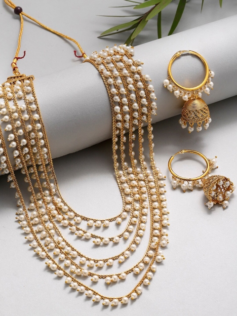 ZENEME Woman Gold-Plated White Pearl Drop 5 Layered Necklace
