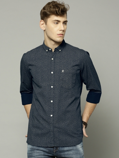 French Connection Men Navy Blue Printed Slim Fit Casual Shirt