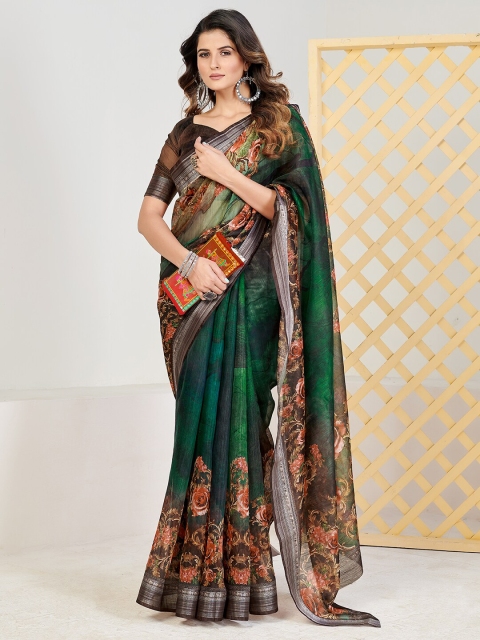 SHOPGARB Green & Brown Floral Linen Blend Saree