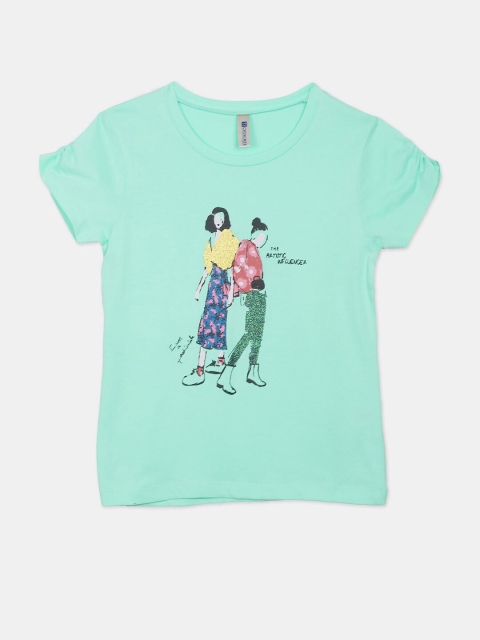 Cherokee Girls Green Typography Printed Applique T-shirt