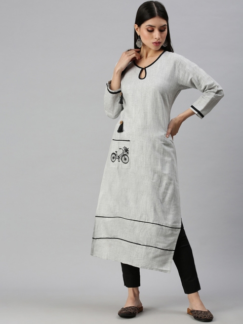 SHOWOFF Women Grey Keyhole Neck Kurta