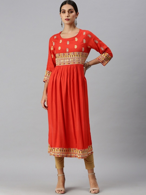 SHOWOFF Women Orange Ethnic Motifs Printed Keyhole Neck Thread Work Anarkali Kurta
SHOWOFF Women Orange Ethnic Motifs Printed Keyhole Neck Thread Work Anarkali Kurta