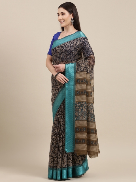 Pavechas Navy Blue & Beige Kalamkari Jute Cotton Ikat Saree