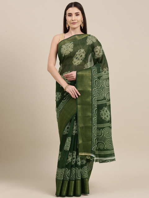 Pavechas Green Ethnic Motifs Jute Cotton Block Print Saree