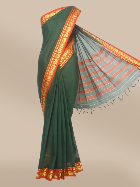 The Chennai Silks Green & Orange Zari Pure Cotton Fusion Saree