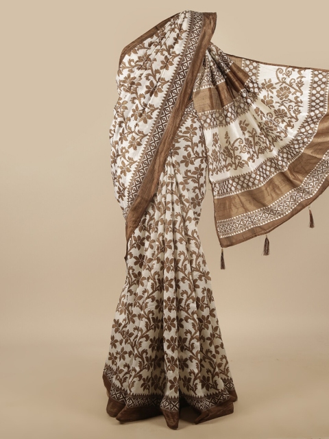 Pothys White & Brown Floral Saree