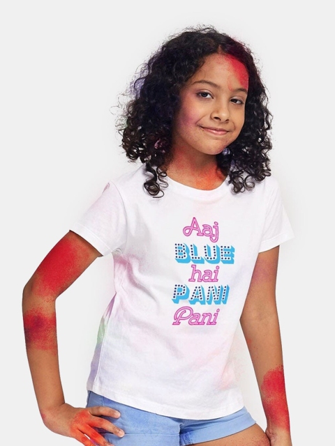 BONKIDS Girls White Aaj Hai Holi Printed Cotton T-shirt
