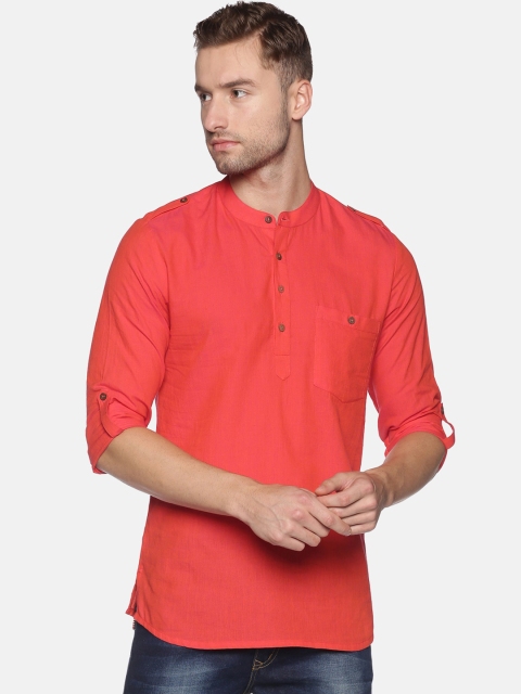 Saffron Threads Men Coral Short Kurta with Shoulder Tabs
