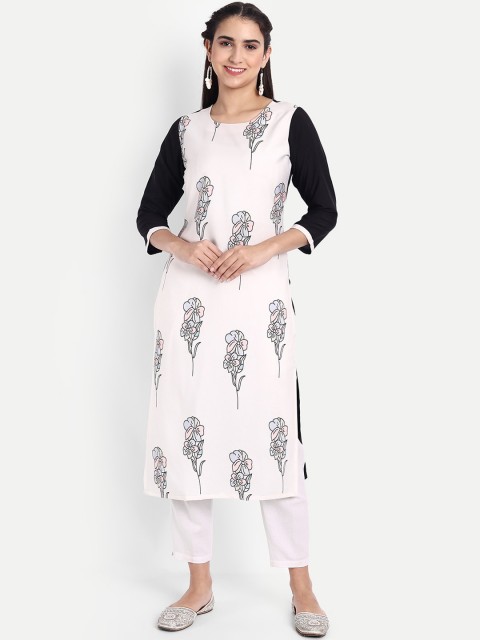 KALINI Women Off White & Blue Floral Printed Crepe Kurta