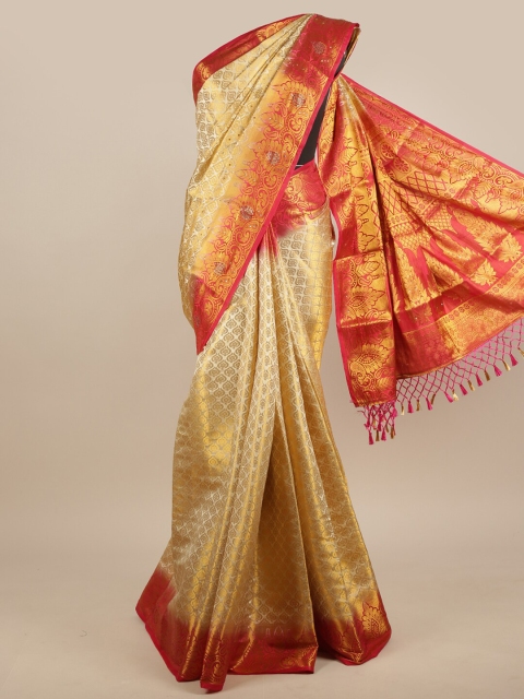 Pothys Cream-Coloured & Red Ethnic Motifs Zari Jute Silk Saree