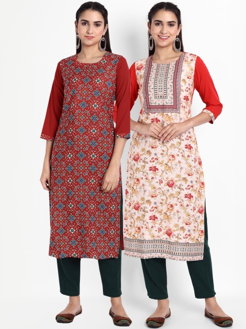 KALINI Women Red & Off White Floral Printed Thread Work Crepe Kurta