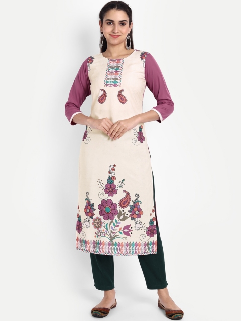 Ethnic basket Women Cream-Coloured & Purple Digital Printed Crepe Kurta