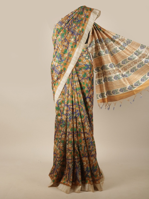Pothys Mustard & Blue Floral Printed Jute Silk Saree