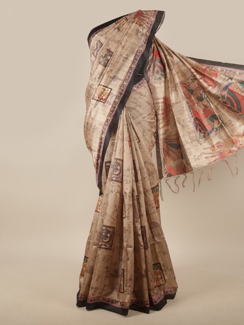 Pothys Cream-Coloured & Green Ethnic Motifs Jute Silk Saree