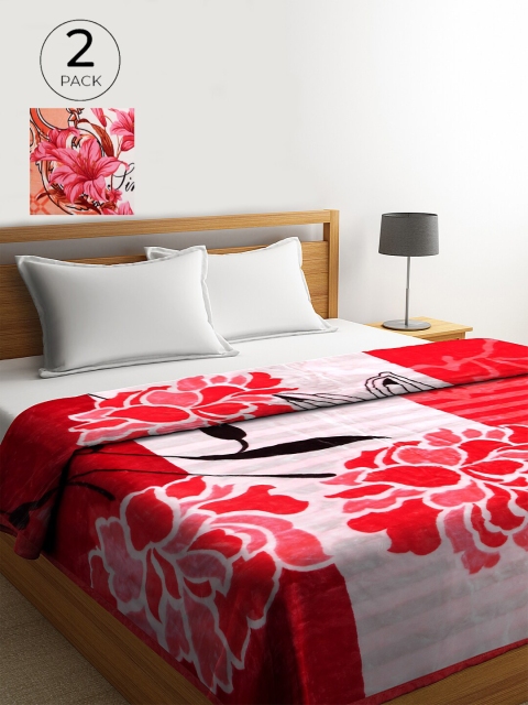KLOTTHE Red & Orange Set of 2 Floral Heavy Winter Double Bed Blanket