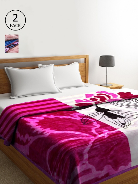 KLOTTHE Pink & Blue Set of 2 Floral Heavy Winter Double Bed Blanket