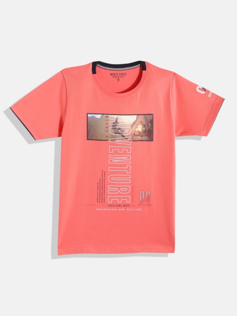 Monte Carlo Boys Coral Pink & Olive Green Printed Pure Cotton T-shirt