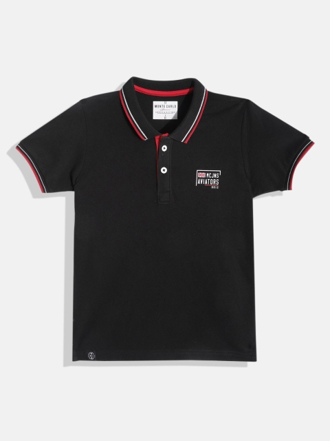 Monte Carlo Boys Black Typography Polo Collar Pure Cotton T-shirt