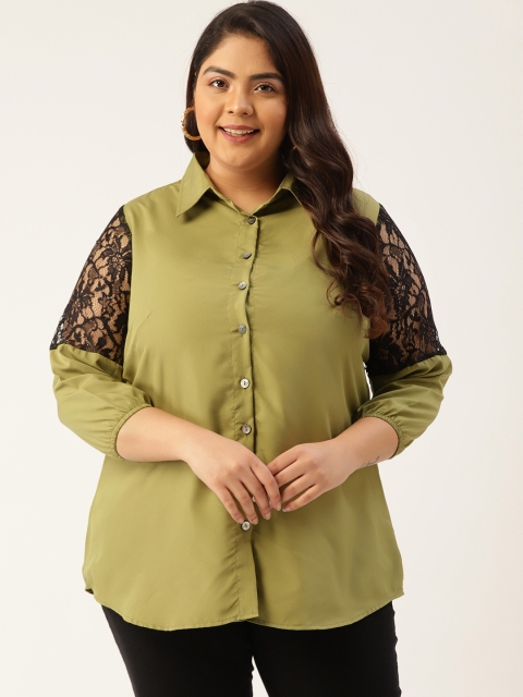 Revolution Olive Green Solid Shirt-Collar Lace Top