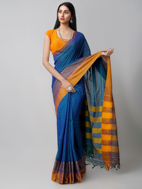 Unnati Silks Blue & Gold-Toned Woven Design Pure Handloom Pavani Kanchi Cotton Saree
Unnati Silks Blue & Gold-Toned Woven Design Pure Handloom Pavani Kanchi Cotton Saree