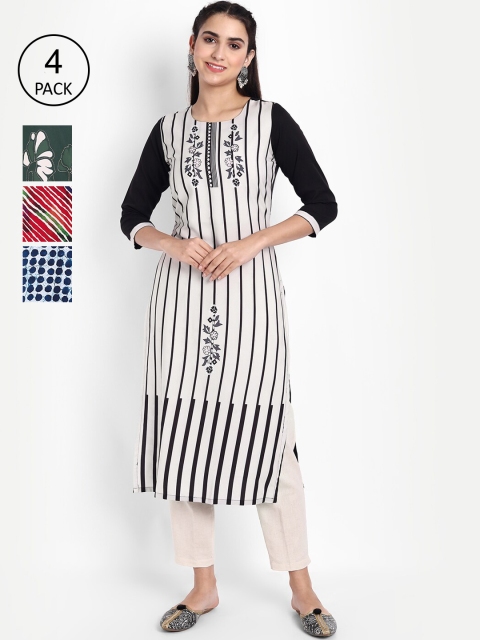 KALINI Set Of 4 Women White & Black Striped Crepe Kurta