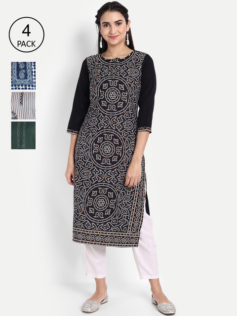 KALINI Women Pack of 4 Ethnic Motifs Printed Crepe Kurta, Black 
KALINI Women Pack of 4 Ethnic Motifs Printed Crepe Kurta, Black