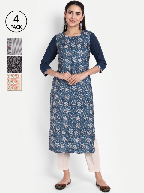 KALINI Women Pack of 4 Ethnic Motifs Printed Crepe Kurta, Blue