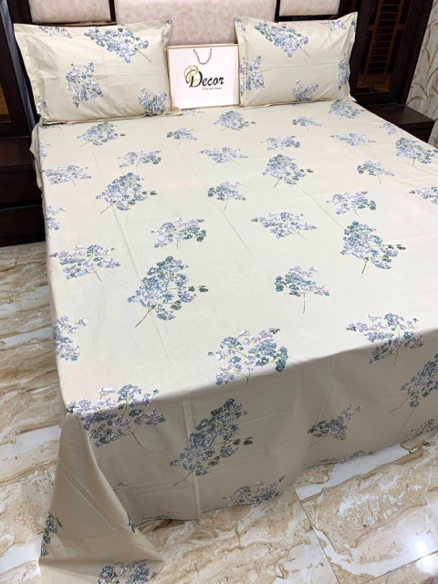Pure Decor Off White & Blue Floral 400 TC King Bedsheet with 2 Pillow Covers