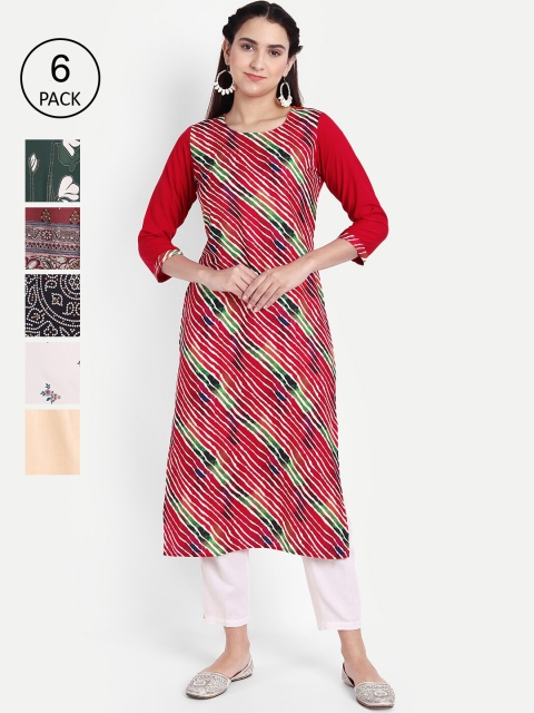 KALINI Women Pack Of 6 Ethnic Motifs Printed Crepe Kurta, Black
