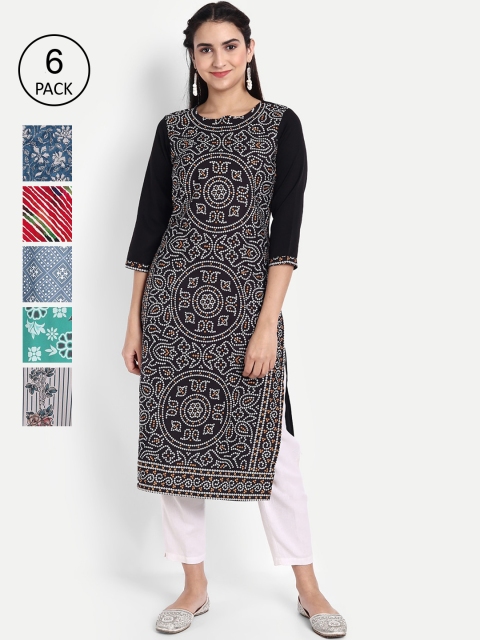 KALINI Women Multicoloured Pack of 6 Digital Printed Crepe Kurta, Multi