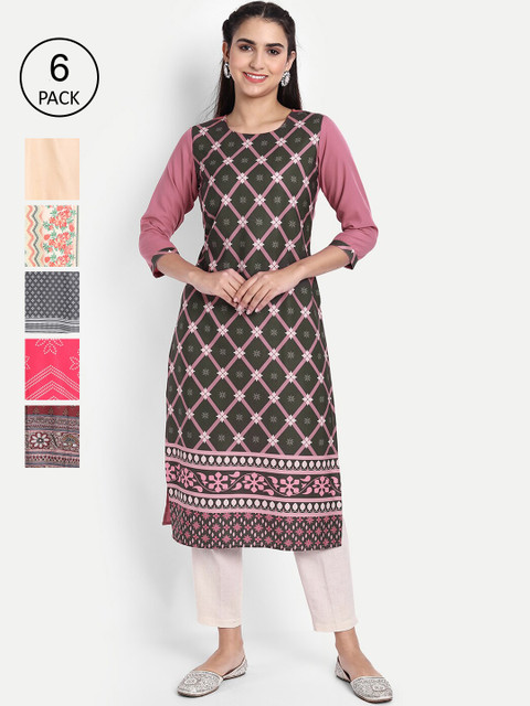 KALINI Women Pack Of 6 Ethnic Motifs Printed Crepe Kurta, Olive 
KALINI Women Pack Of 6 Ethnic Motifs Printed Crepe Kurta, Olive
