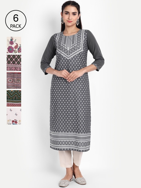 KALINI Women Pack Of 6 Printed Crepe Kurta, Grey