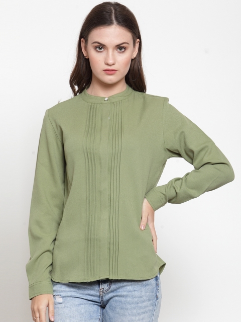 armure Green Mandarin Collar Crepe Shirt Style Top