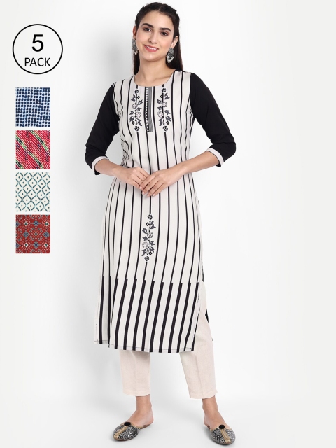 KALINI Pack Of 5 White, Red & Blue Printed Regular Fit Straight Crepe Kurta