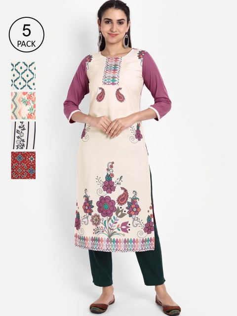KALINI Women Pack of 5 Purple & White Printed Crepe Kurta